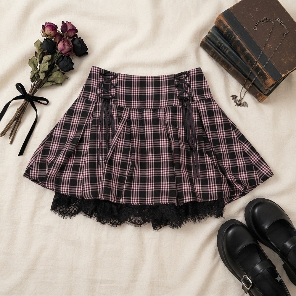 Hot Topic Pink Black Plaid Lace Trim Pleated Mini Skirt Mall Goth‎ Punk SM